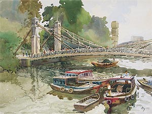 Singapore River Cavenagh Bridge, Watercolor Painting 