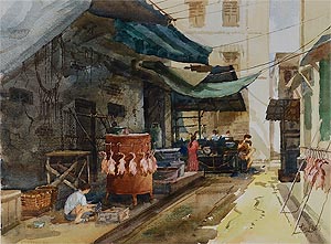Singapore River Old Boat Quay, Watercolor Painting 
